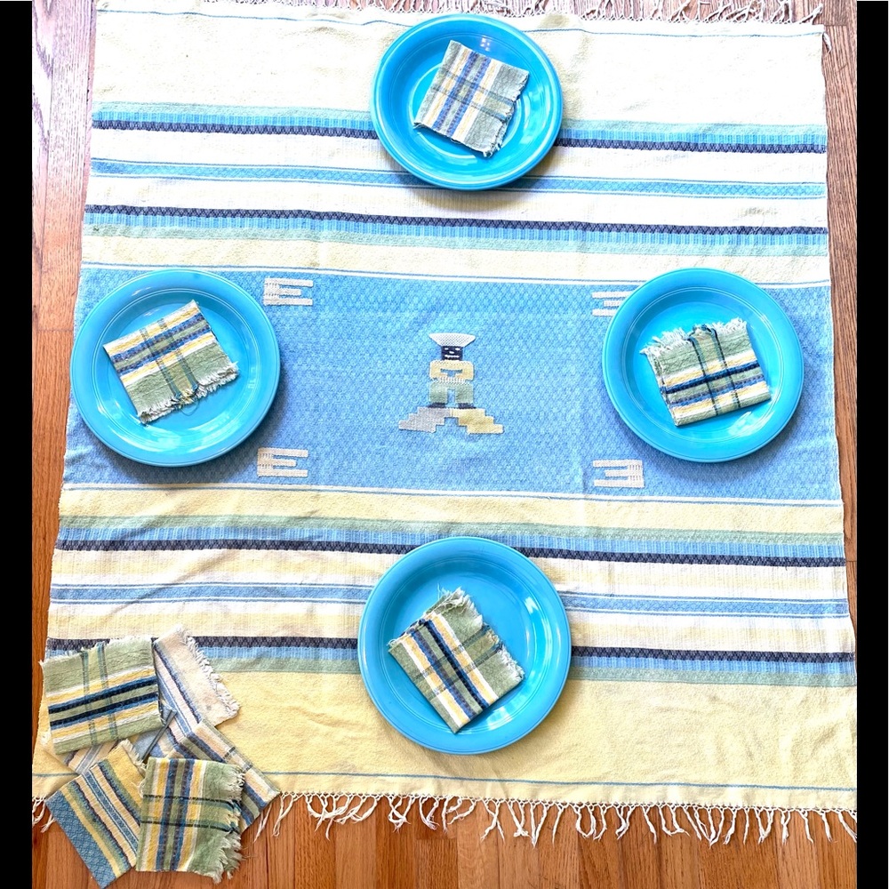 Vintage Mexico cotton tablecloth set , Southwest Aztec design